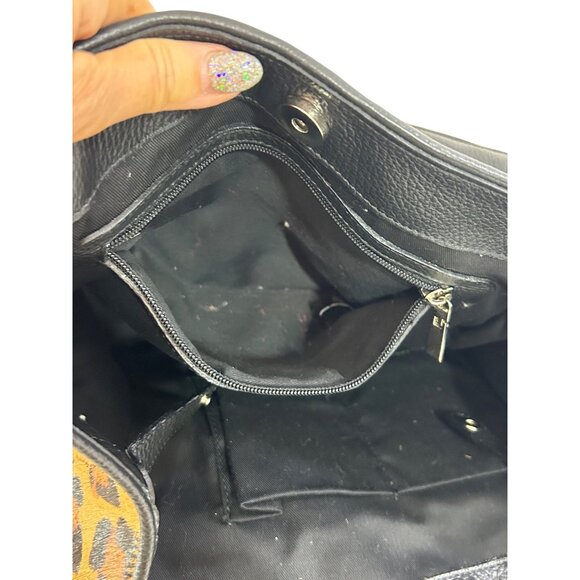 Claudia Firenze Leopard Print Calf Hair Black Leather Tote Vtg Italy Double Hand - Picture 9 of 16